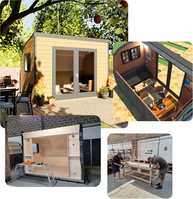 Collage showing eLodge garden office pod design process, workshop manufacturing, and professional installation stages