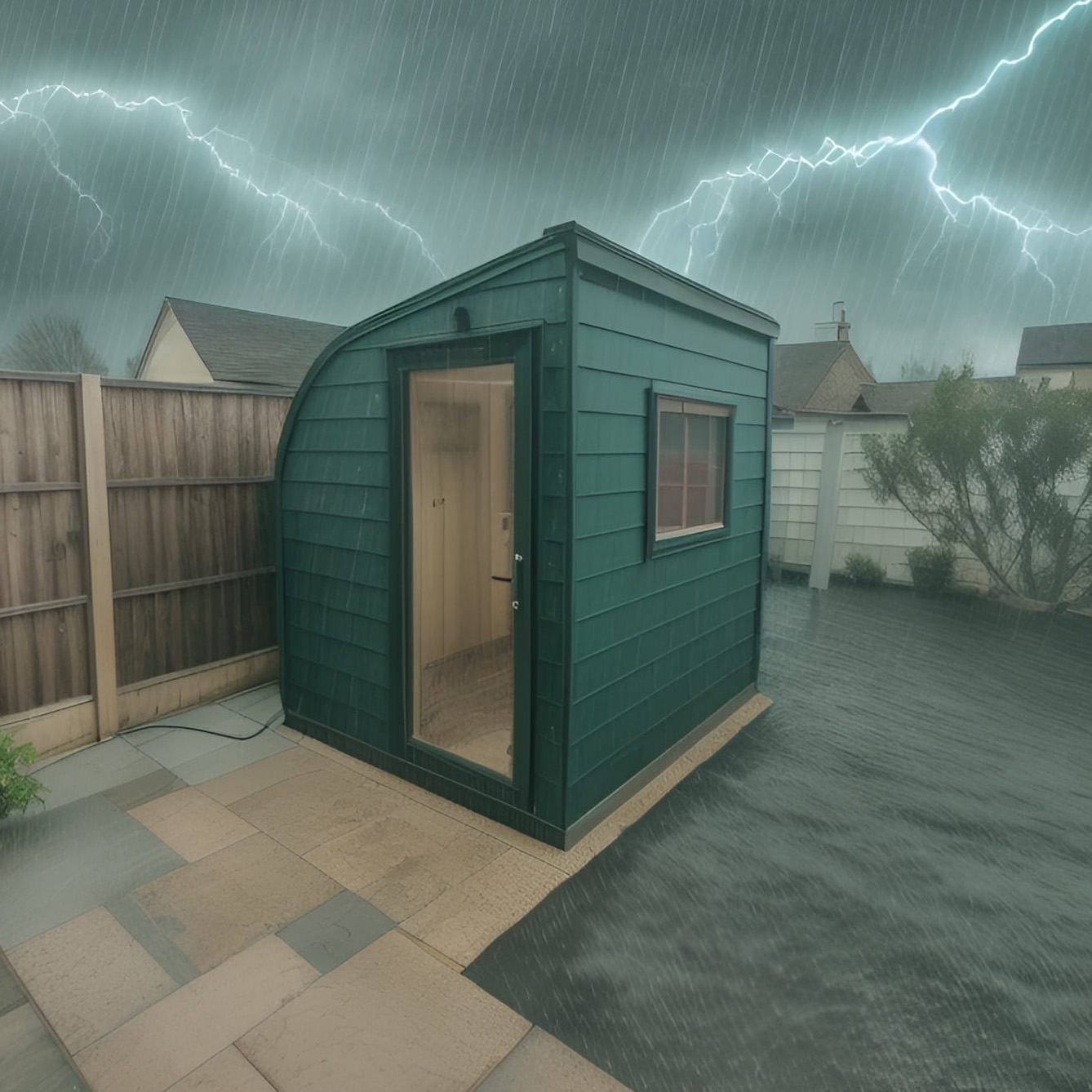 A My Garden Studio unit standing strong in extreme weather conditions, with heavy rain and strong winds, showcasing its durable construction and weatherproof design.