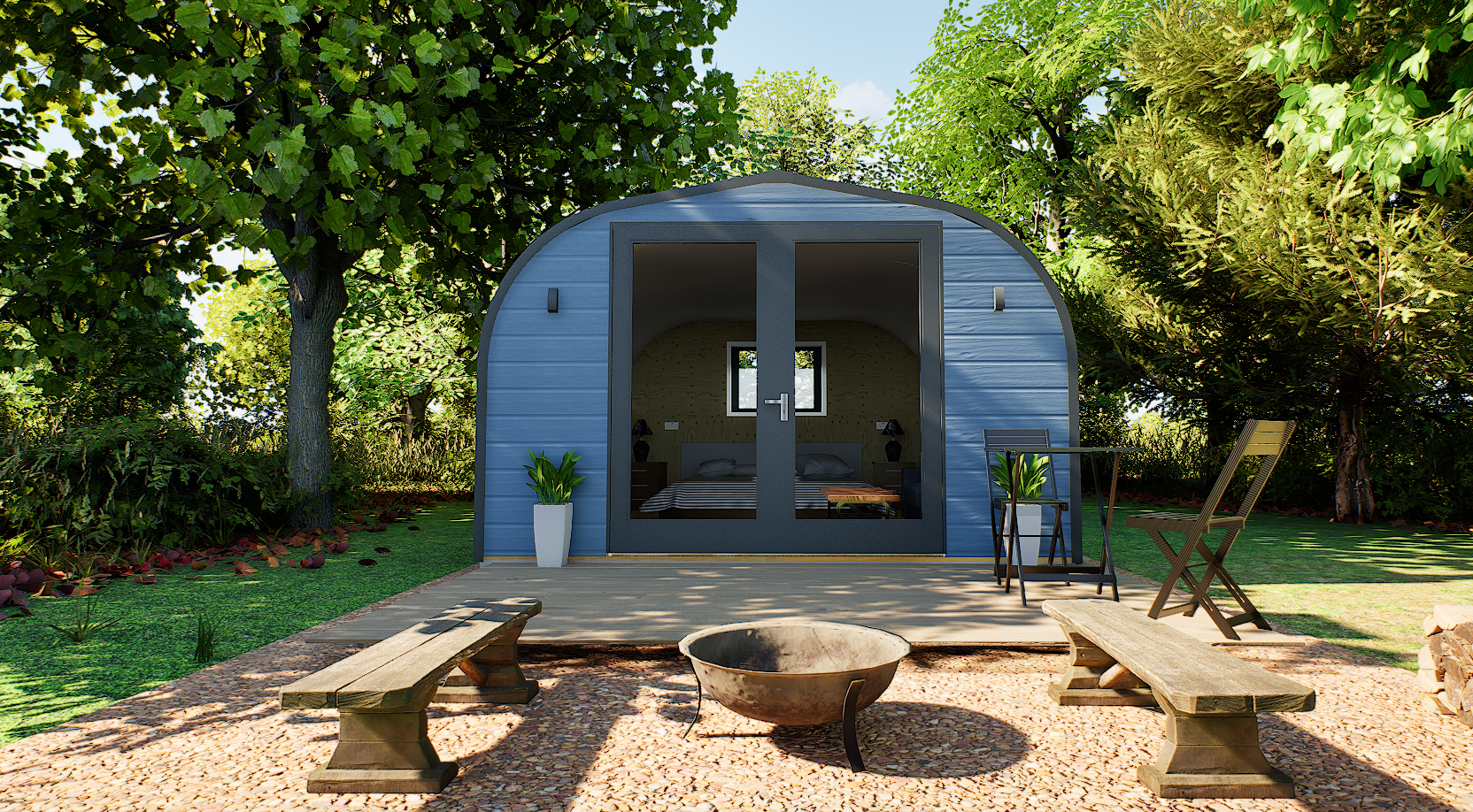 eLodge Max garden lodge with double French doors and exterior lighting set up as glamping pod and Airbnb accommodation