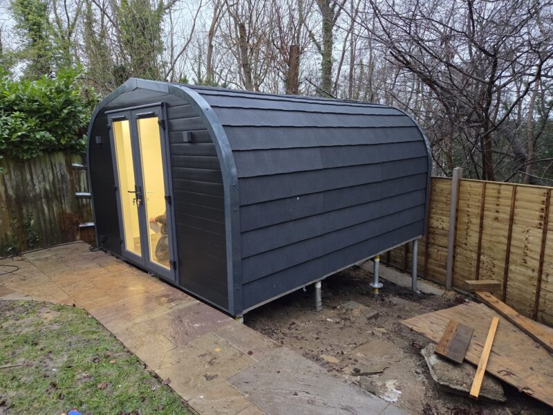 eLodge Max garden lodge installed on ground screw foundations by MyGroundScrews.co.uk